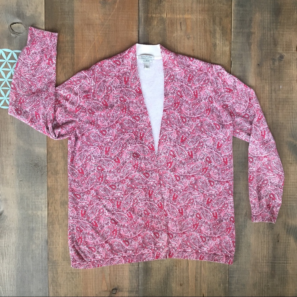 L L Bean Supima Cotton Paisley Red Cardigan. Sz L